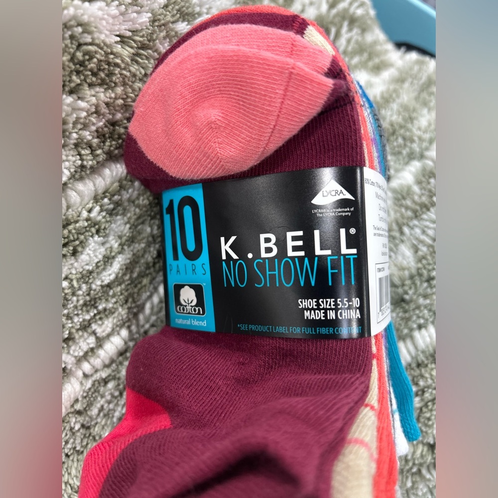 K. Bell No Show Fit Socks 10 Pairs multicolor 5.5-10 new
